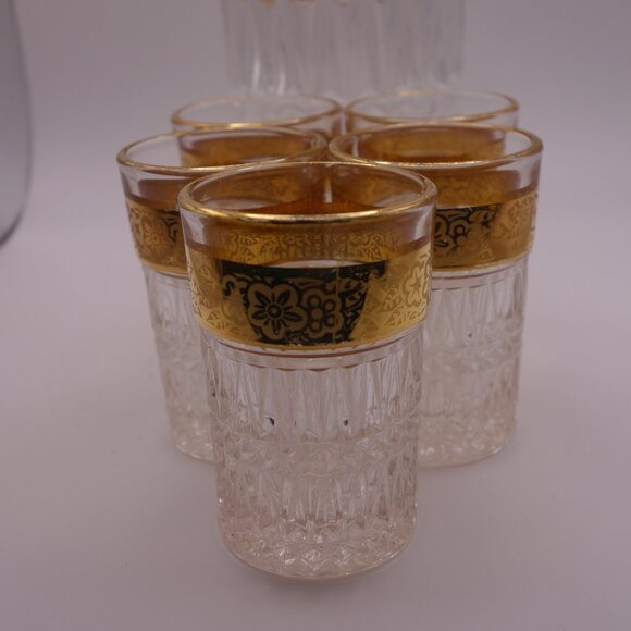 Set of One(1) Glass Bottle and Five(5) Shot Glasses with Gold Decoration - Picture 2 of 12